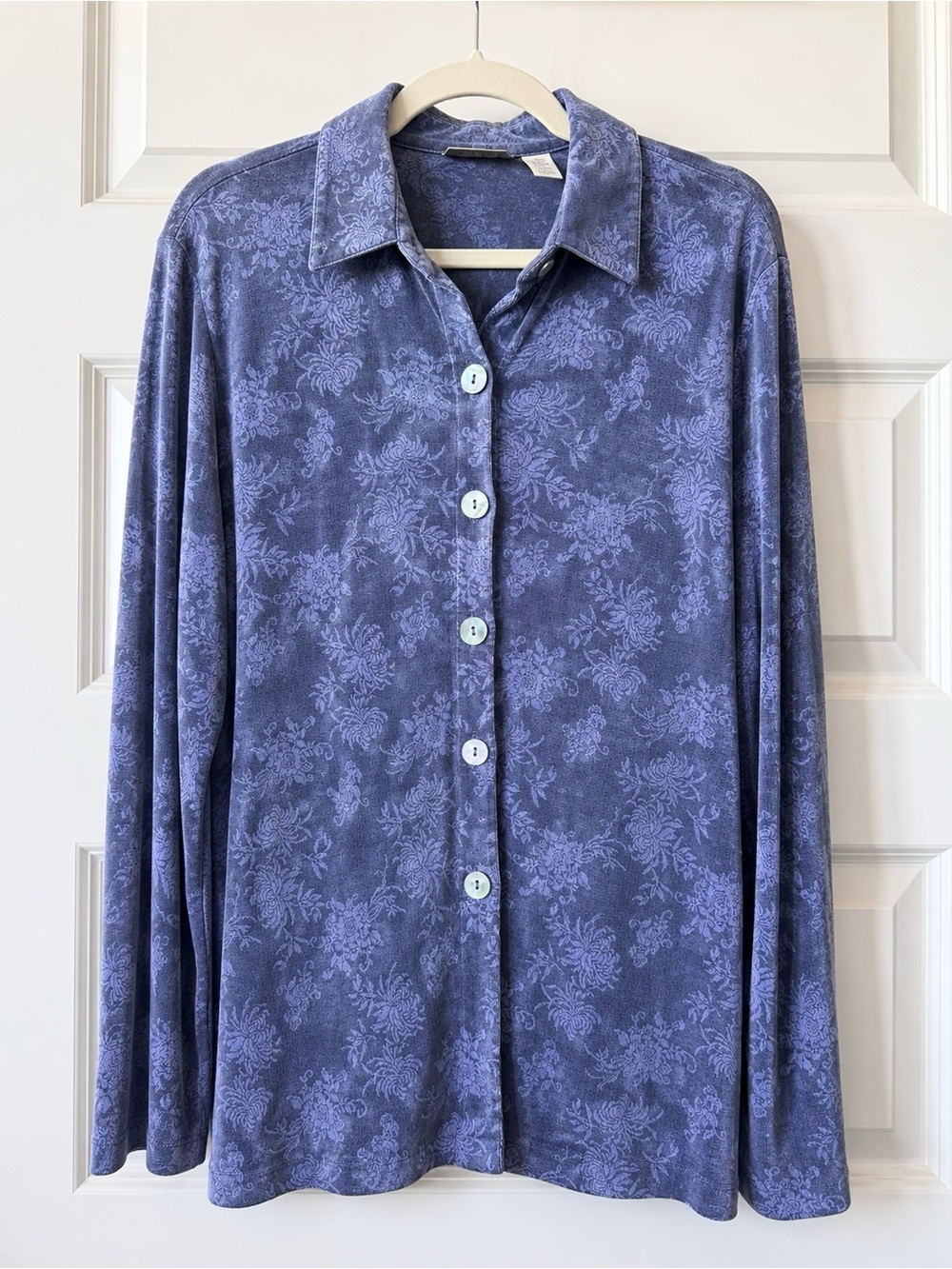 Vintage French Laundry Blue Floral Jacquard Button Front Slinky Shirt Blouse